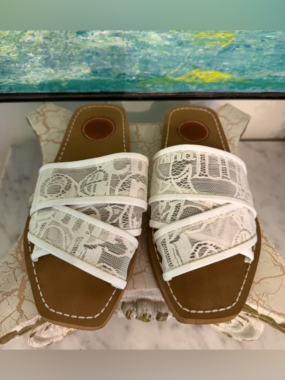 Chloe White and Cream Lace Cross-Strap Slide Sandals